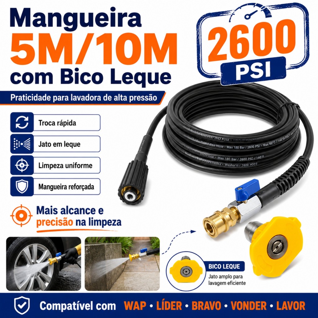 Bico Curto c/ Mangueira de Engate Rápido e Registro para Lavadora WAP Líder, Bravo, Vonder e Karcher Rosca M22