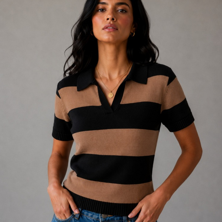 BLUSA FEMININA GOLA POLO LISTRADA TENDÊNCIA BLOGUEIRA ESTILOSA — imagem 2 de 2