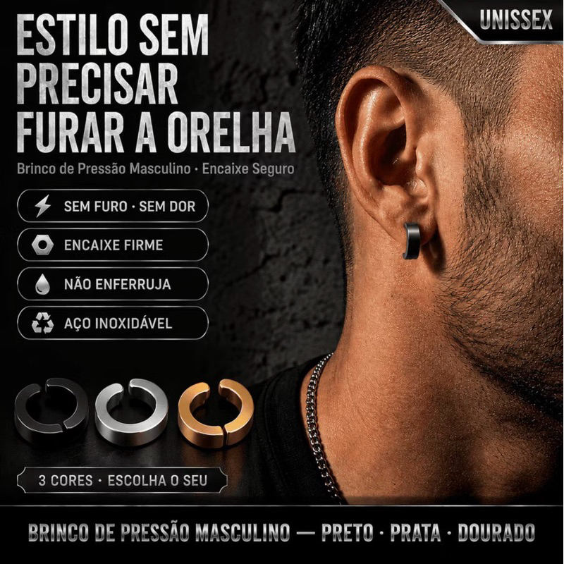 Par Argola Pressão Brinco Aço Inox 316L Dourado Prata Preto Masculino - Prata, Dourado