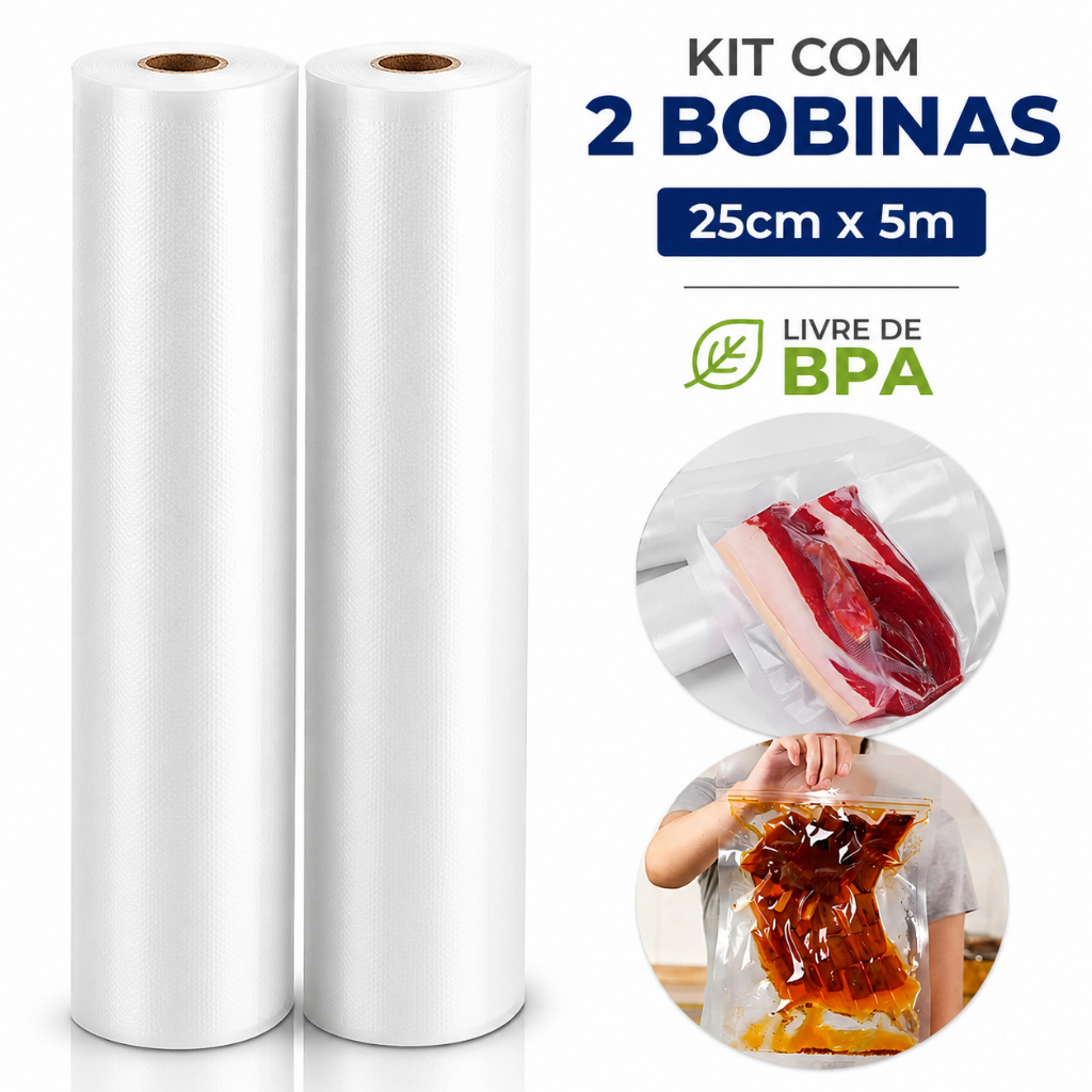 Kit 2 Bobina Saco A Vácuo Rolo 25cm X 5m Embalagem Seladora