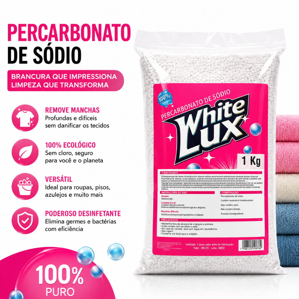 Percabonato Alvejante Whitelux 500g 1kg 2kg 3kg  Tira Manchas Sem Cloro, Roupas Brancas e Coloridas