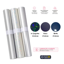 Kit Filme BOPP 21,5cm x 12m Holográfico + Brilho + Fosco para Laminação A4 Encadernação Planner