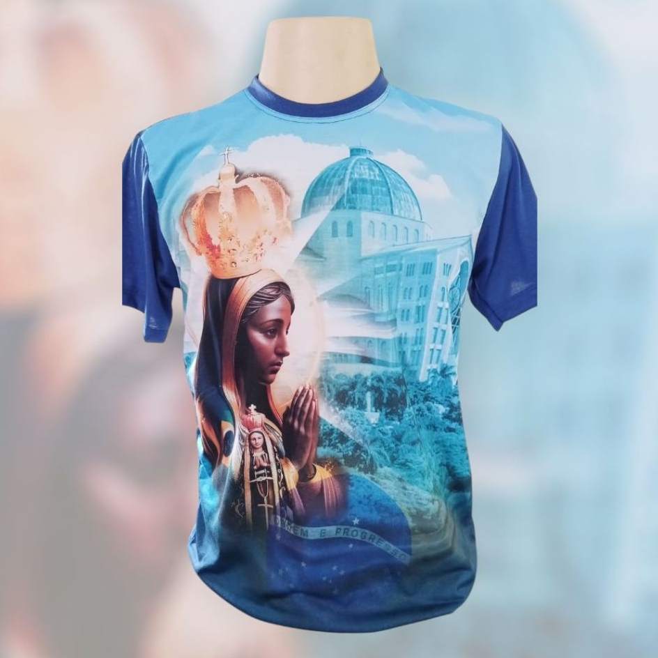 Camiseta devocional Nossa Senhora Aparecida, fabricada em tecido polli viscose