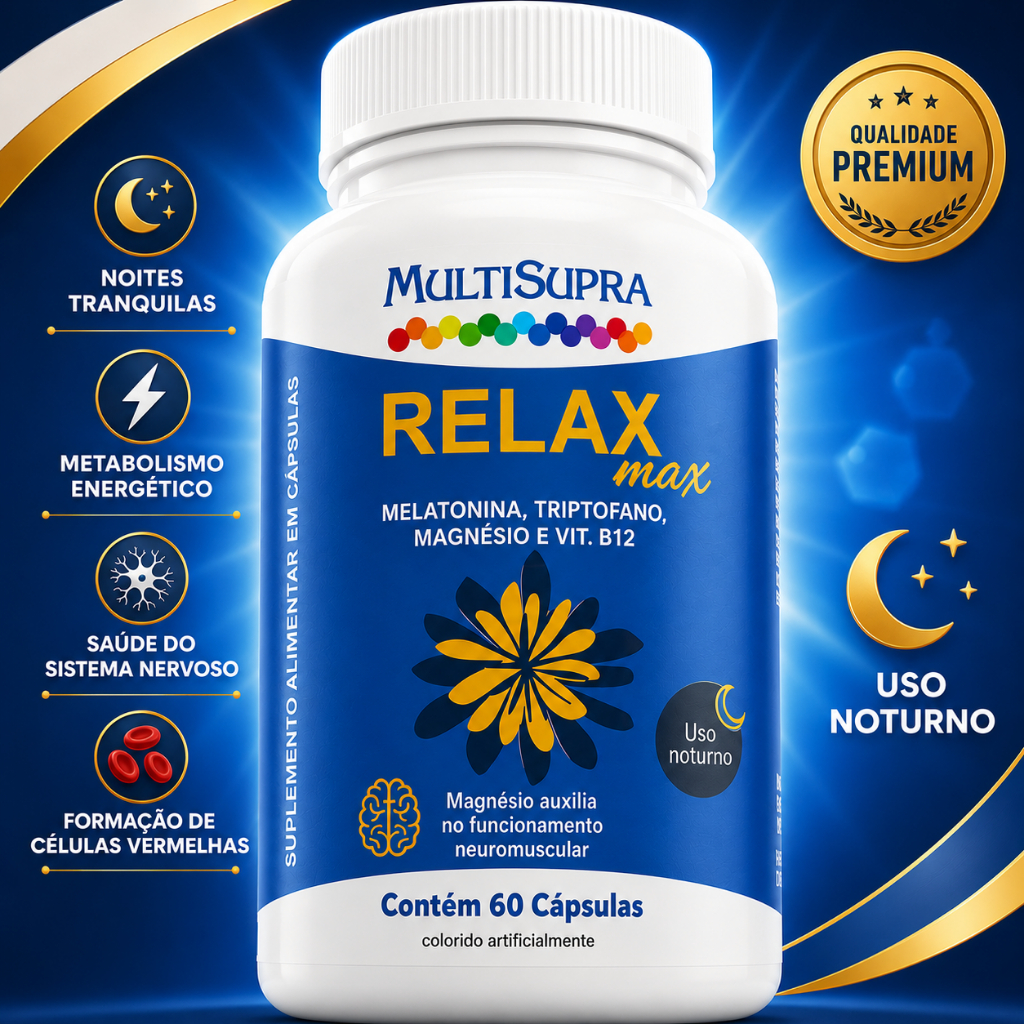Relax Max Melatonina Triptofano Magnésio Vitamina B12 Uso Noturno Relaxamento Sono 60 Cápsulas