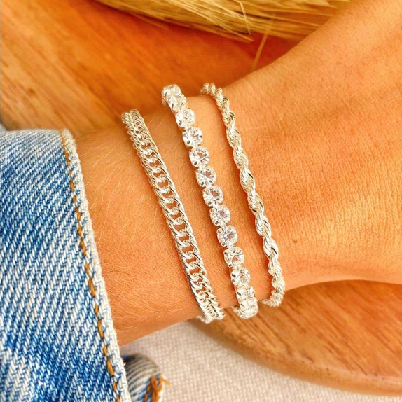 Kit 3 Pulseiras Prata 925 Folheada Cordão Baiano Torcido Conjunto Pulseira Feminina Riviera Corrente Grumet Elos Grosso