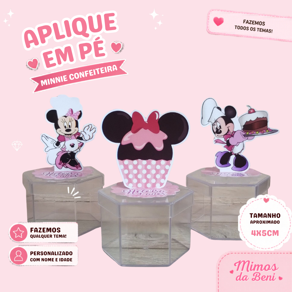 Aplique em Pé 3D Minnie Confeiteira Festa Infantil Personalizado Nome Idade Decoração e Lembrancinha