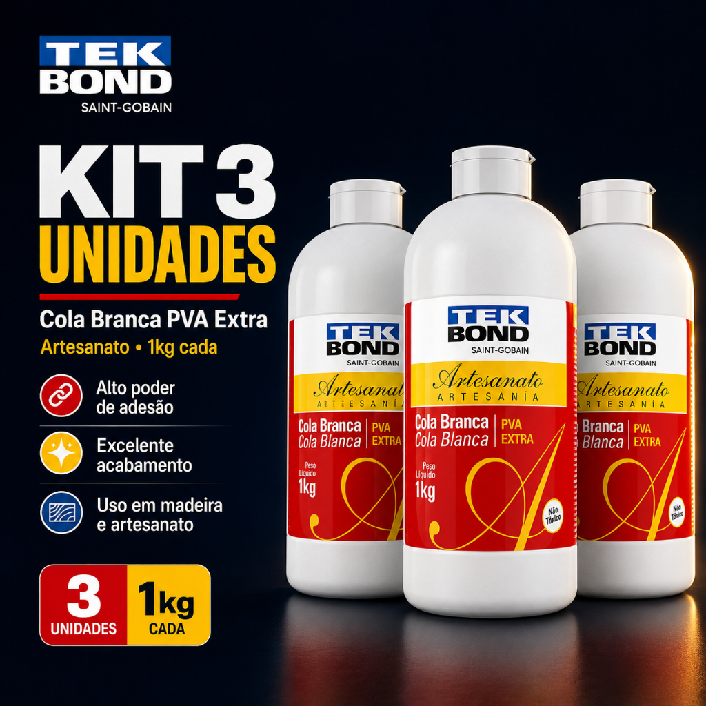 Cola Branca Tek Bond 1kg Pva Artesanato 3 Uni