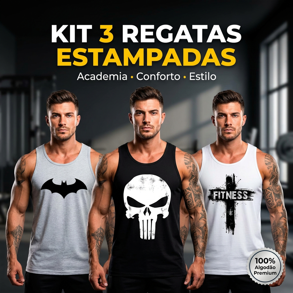 Kit 3 Camisetas Regatas Masculina Cavada Estampada Treino Academia Musculação