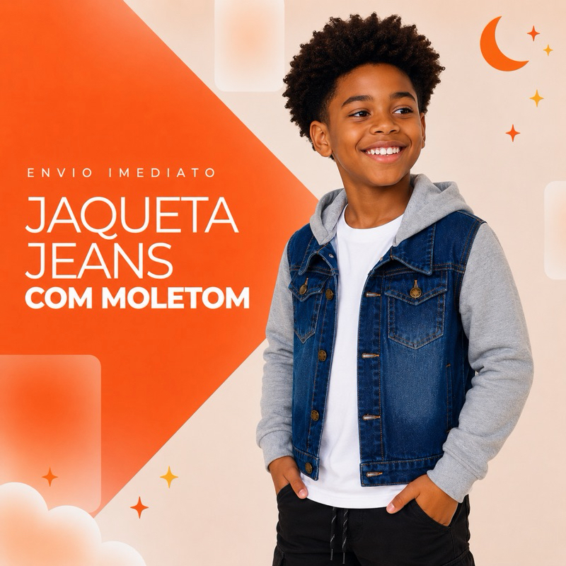 Jaqueta jeans masculina detalhes em moletom com capuz