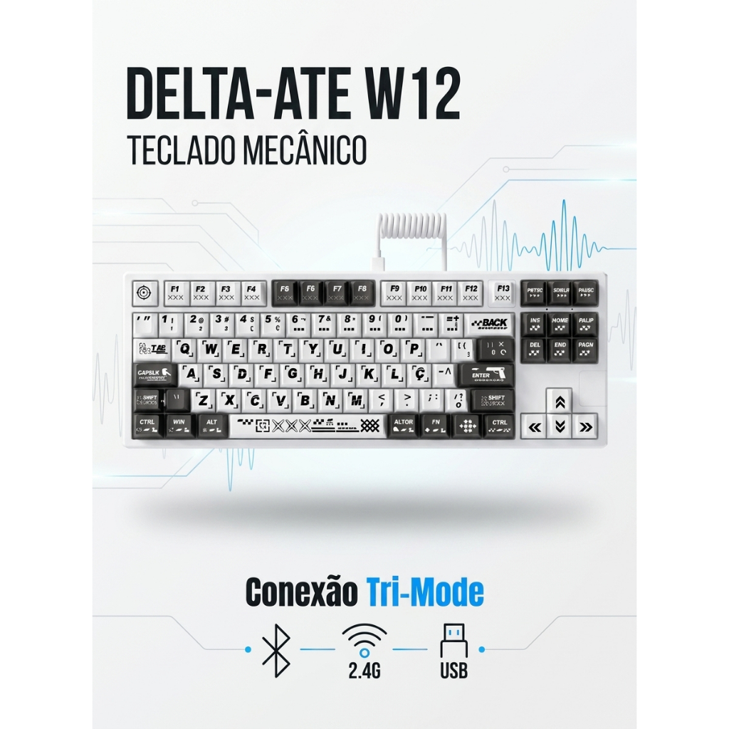 Teclado Mecânico DELTA-ATE W12 BlackWhite ABNT2 Sem Fio Bluetooth 2.4GHz USB, La