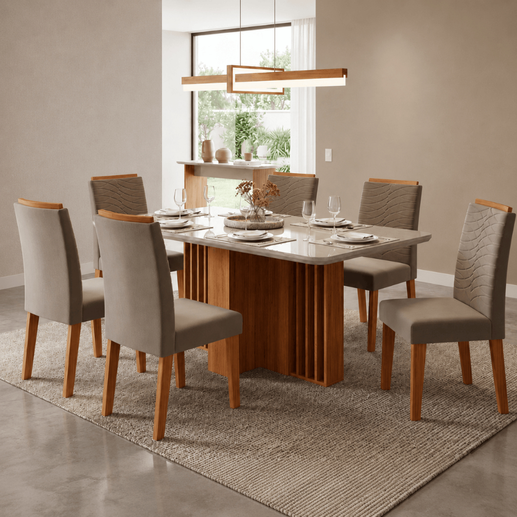Conjunto Sala de Jantar Mesa Isadora 180cm com Tampo de Vidro 6 Cadeiras Clarice Cimol