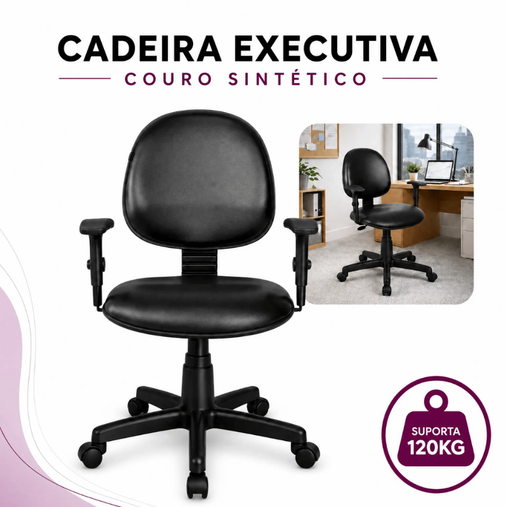 Cadeira Executiva Giratória para Escritório Couro Sintético com Braços Reguláveis 120kg
