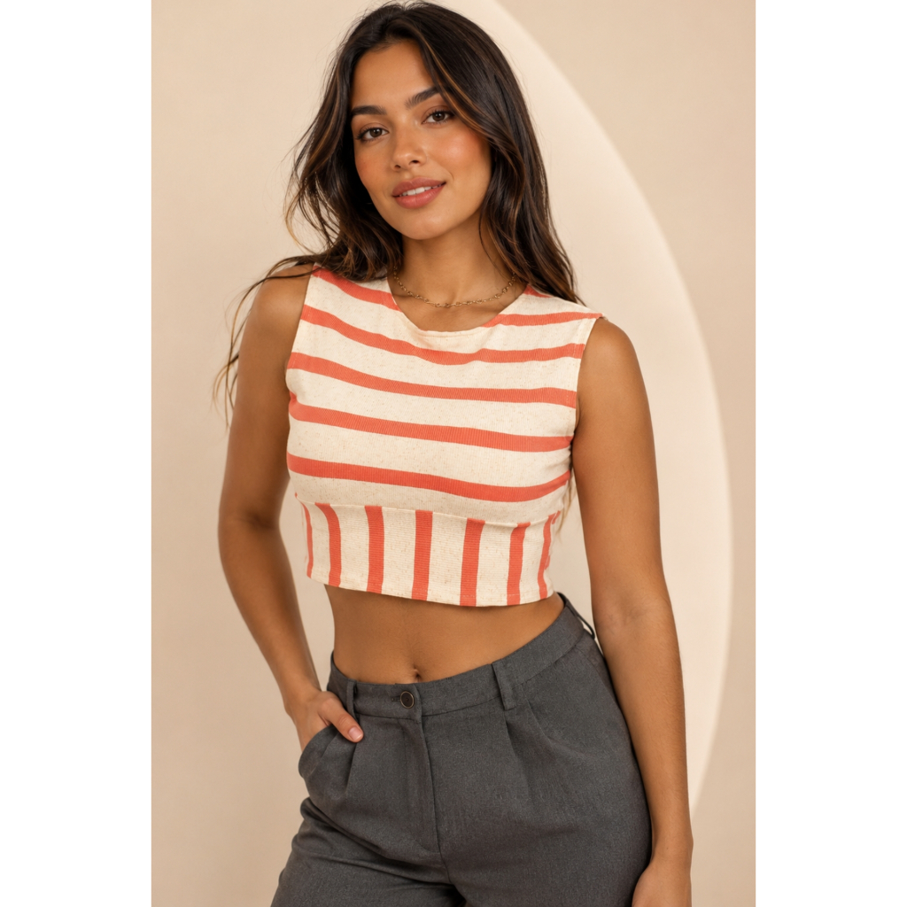 Cropped em Malha Canelada Listrada