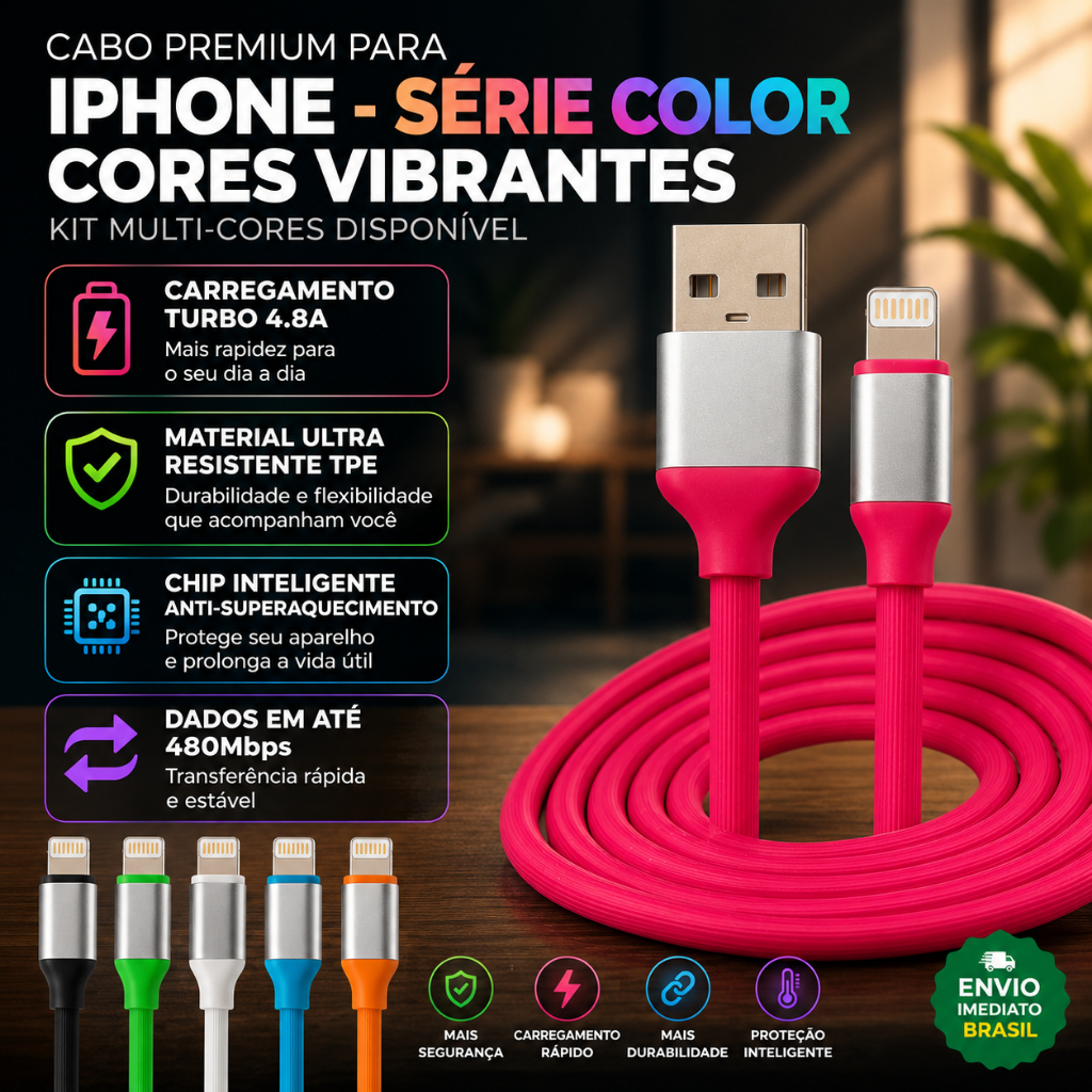 Cabo Carregador Lightning Turbo 1.2M Colorido Emborrachado Reforçado Celular iPhone 11 12 13 14