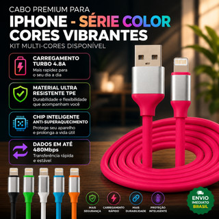 Cabo Carregador Lightning Turbo 1.2M Colorido Emborrachado Reforçado Celular iPhone 11 12…