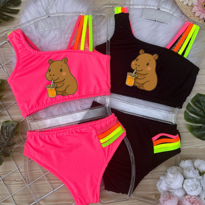 Biquini infantil Juvenil menina CAPIVARA Forrado 02 ao 16 Praia Piscina Natação Bikini infantil maio