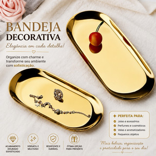 Bandeja Aco Inoxidavel Luxo Decorativa para Jóias Alimentos Dourado
