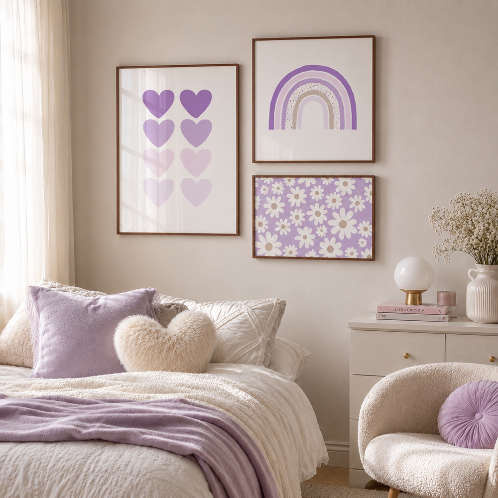 Quadro Decorativo Infantil Floral Lilás Delicado Kit 3 Peças Com Moldura Para Quarto