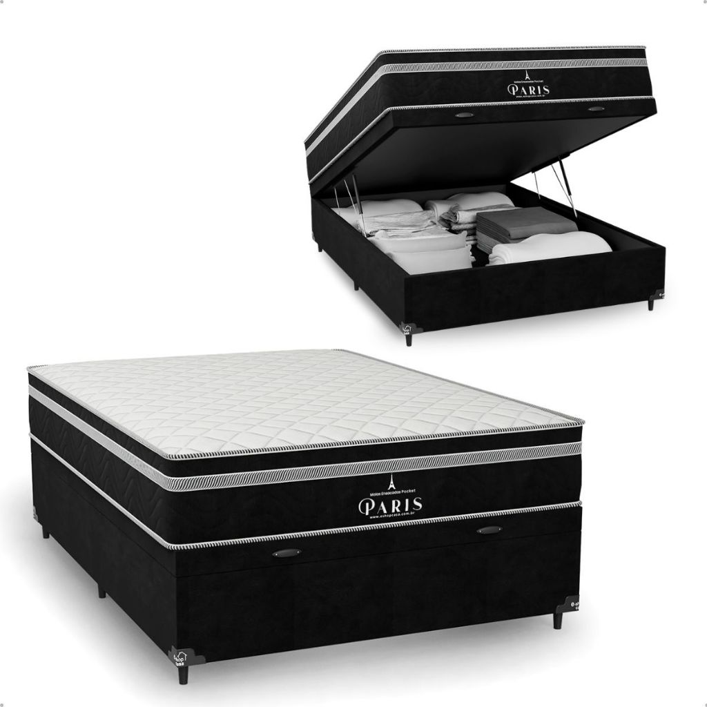 Cama Box Baú Casal + Colchão Paris Molas Ensacadas - Preto - e-Shop Casa