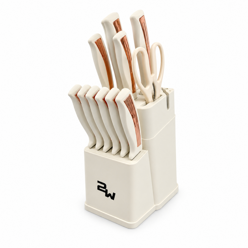 Kit de Facas 14 Peças com Suporte Afiador Integrado Tesoura e 6 Facas para Carne