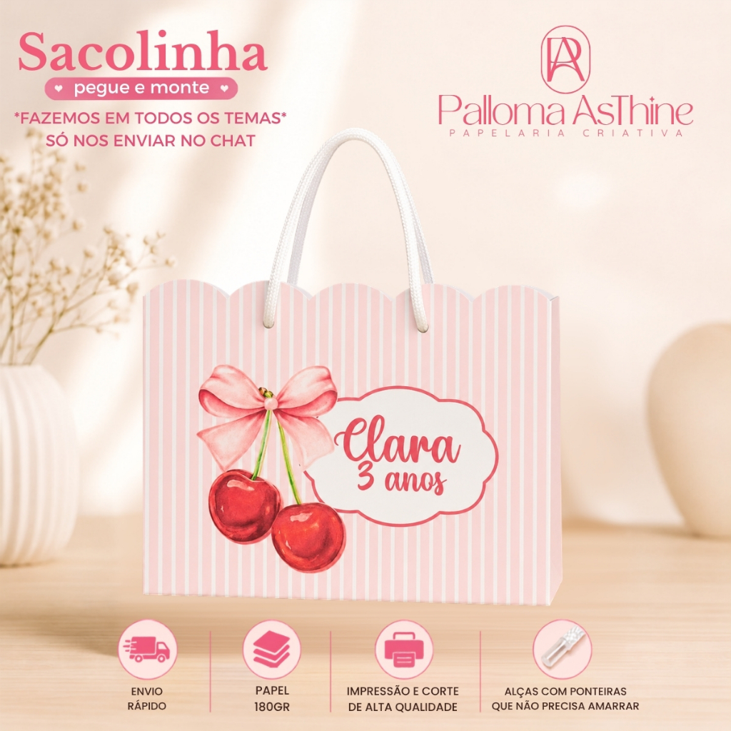 Sacolinha pegue/monte cerejinha lembrancinha personalizada aniversário 20x15x7cm
