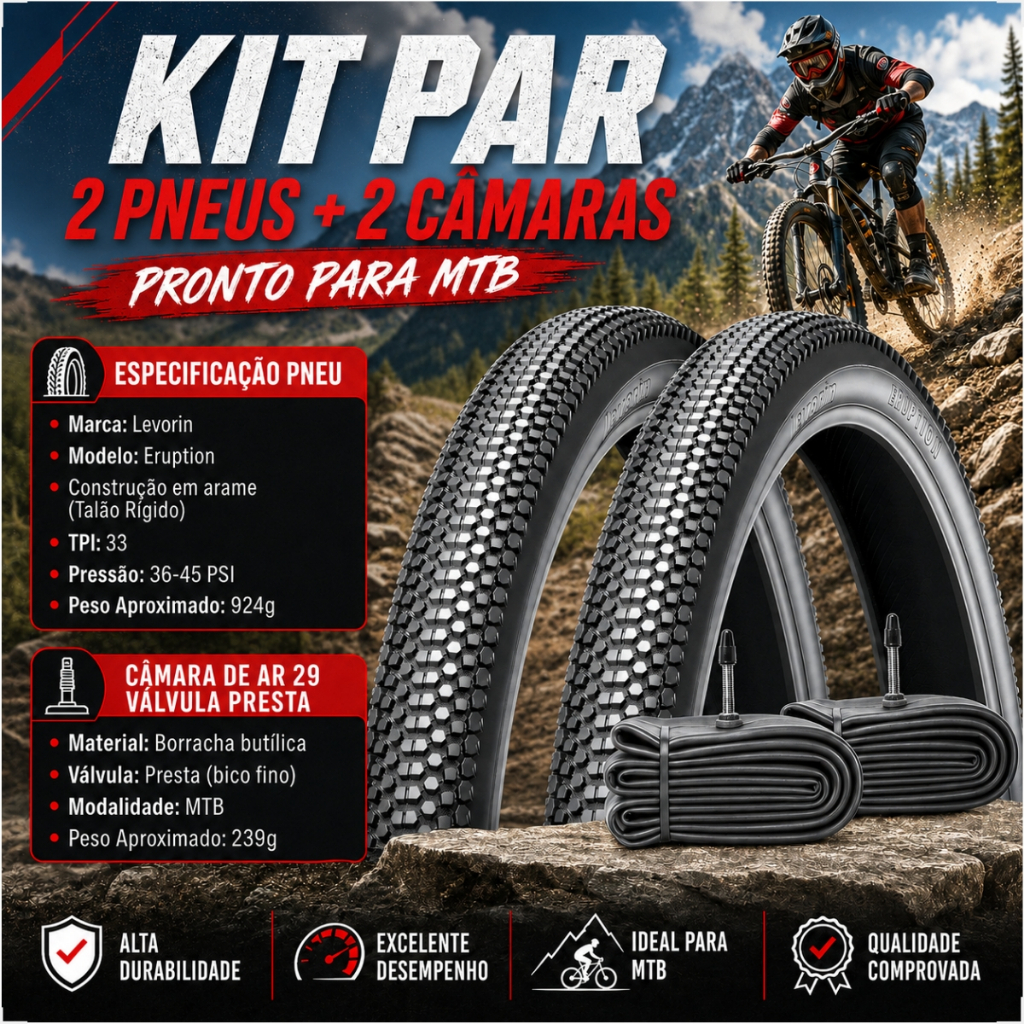 Par Pneus Eruption Levorin Aro 29 x 2.30 Bike Banda Leve Arame + 2 Camara de Ar 29 Bico Fino