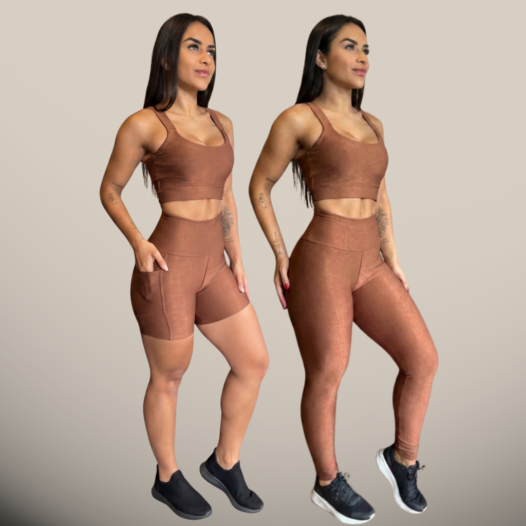 Trio de Academia Canelado Top + Short + Calça Legging Conjunto Roupa Fitness Ginástica Treino Bermuda Alta Bolso Corrida