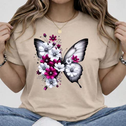 Camiseta Casual Feminina Coleção Coquette-2 com Estampa de Borboleta-preta.