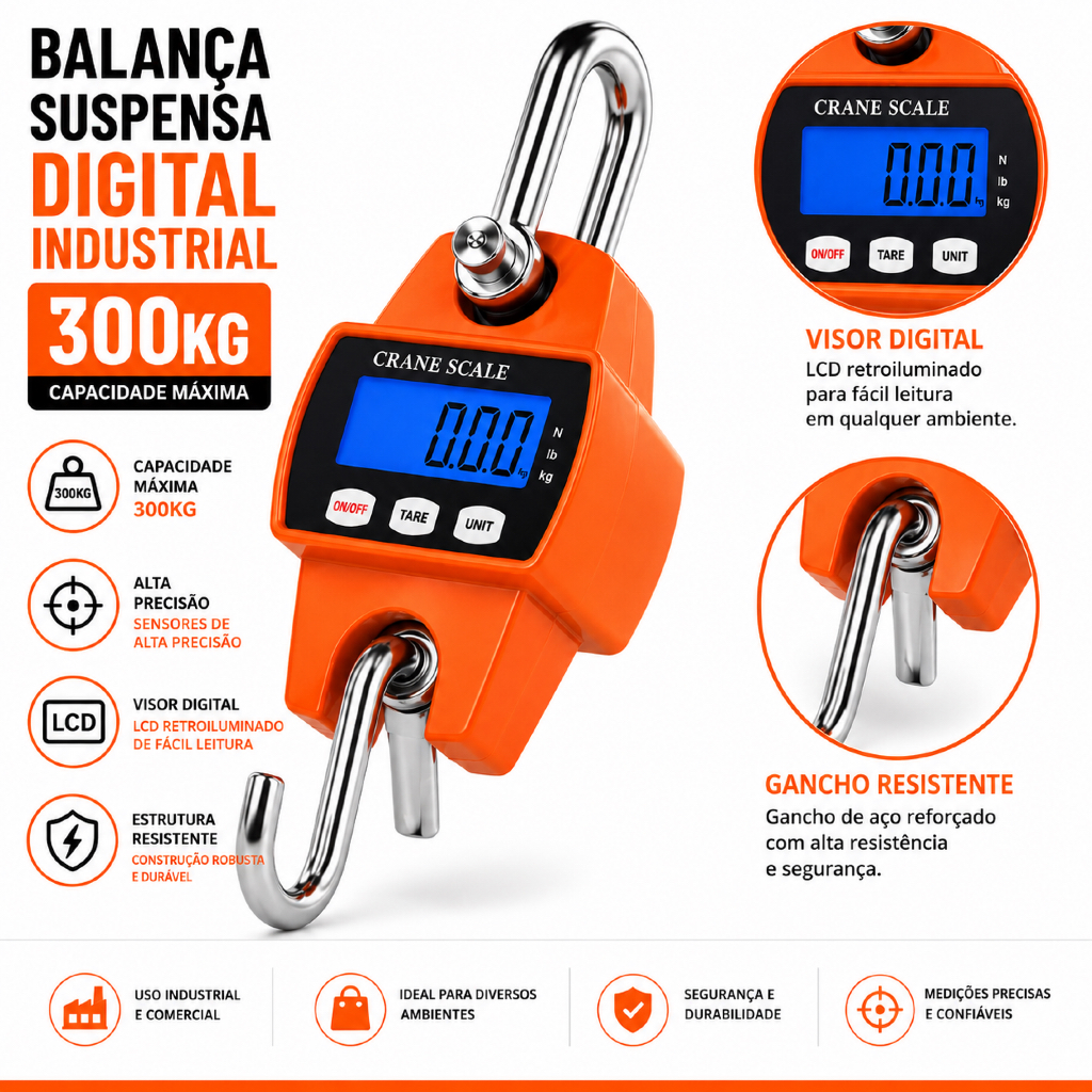 Balança Suspensa Digital Industrial 300kg com Gancho em Aço Reforçado