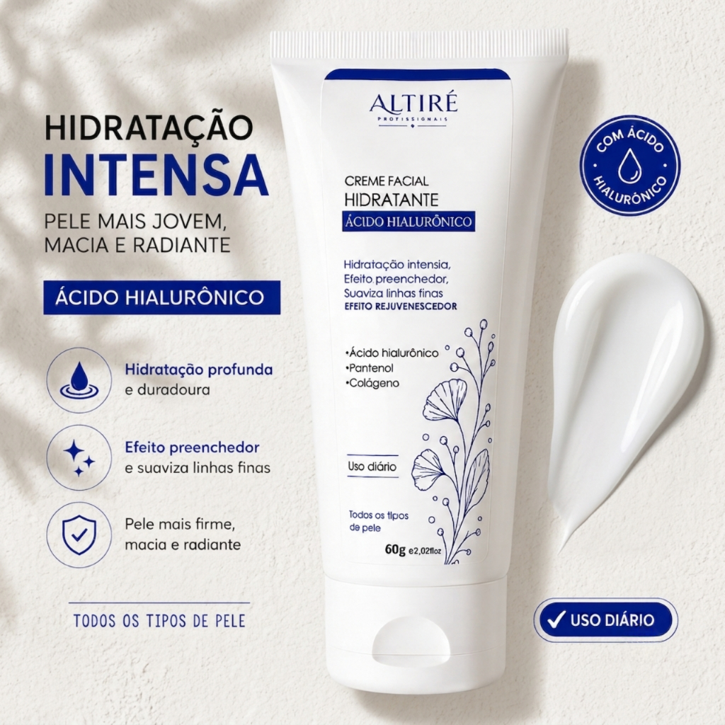 Creme Ácido Hialurônico Facial 60g | Hidratante com Colágeno | Linhas Finas | Skincare Diário