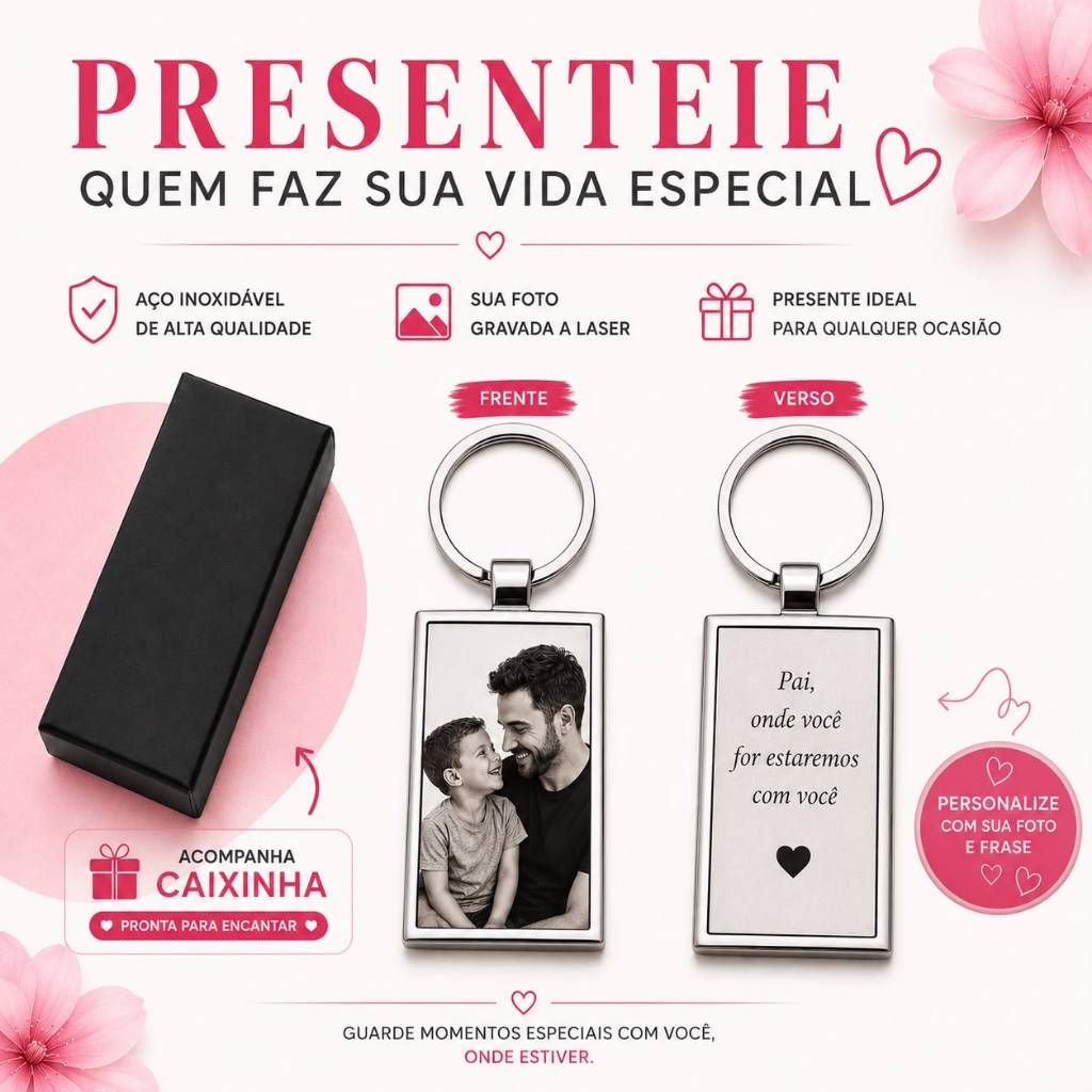 Chaveiro Personalizado com Foto Gravada a Laser em Aço Inox Presente Dia dos Pais Mães Namorados Data Especial