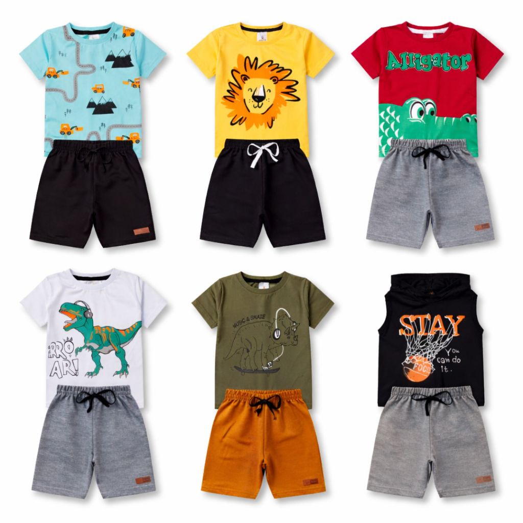 Kit 3 Conjuntos Roupa Infantil Menino Verão 3 Camisetas Algodão + 3 Bermudas Moletinho Cores Sortidas M ao 14