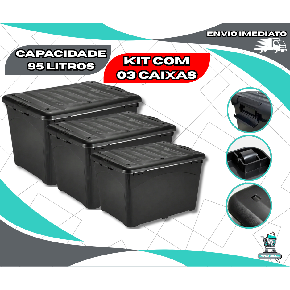Kit 03 Caixas Organizadoras Grande 95 Litros Preta Tampa Trava Rodinha Transporte Empalhável HeavyBox Reforçada