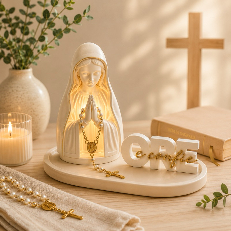 Kit Cantinho de Oração Nossa Senhora Decorativa com Luz LED Bandeja Terço Placa Ore e Confie Presente Católico