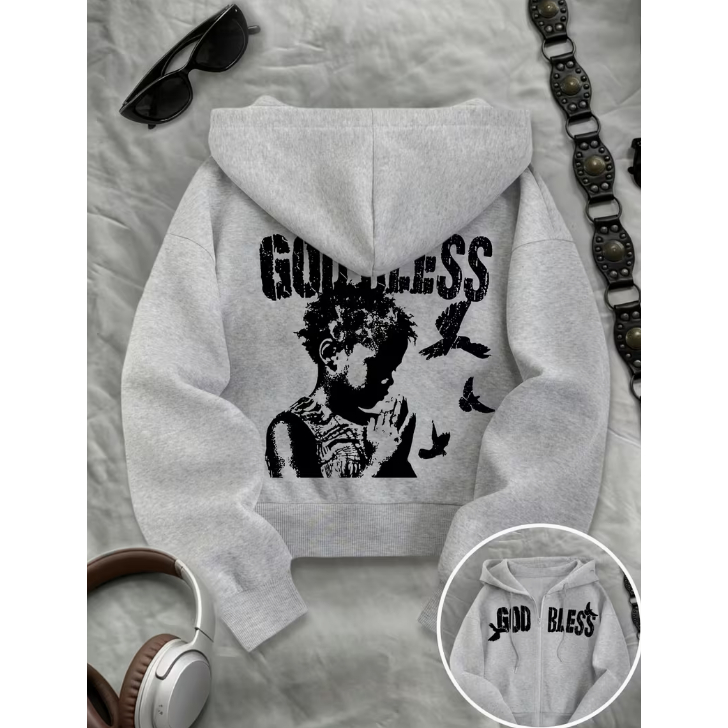 Moletom Zíper Unissex God Bless Estampado Streetwear Canguru Flanelado Casaco com Capuz Premium