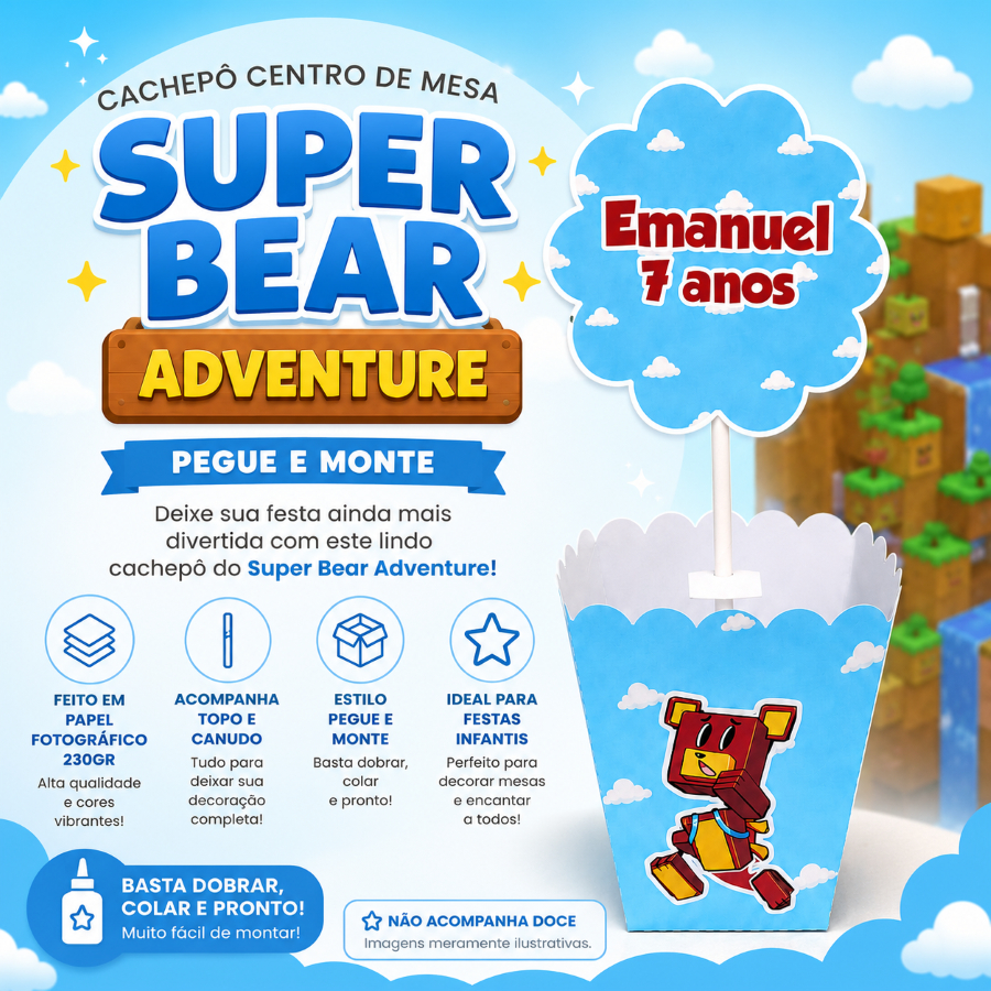 Centro de mesa personalizado Lembrancinha de mesa Cachepo personalizado Super Bear Adventure (PEGUE E MONTE)