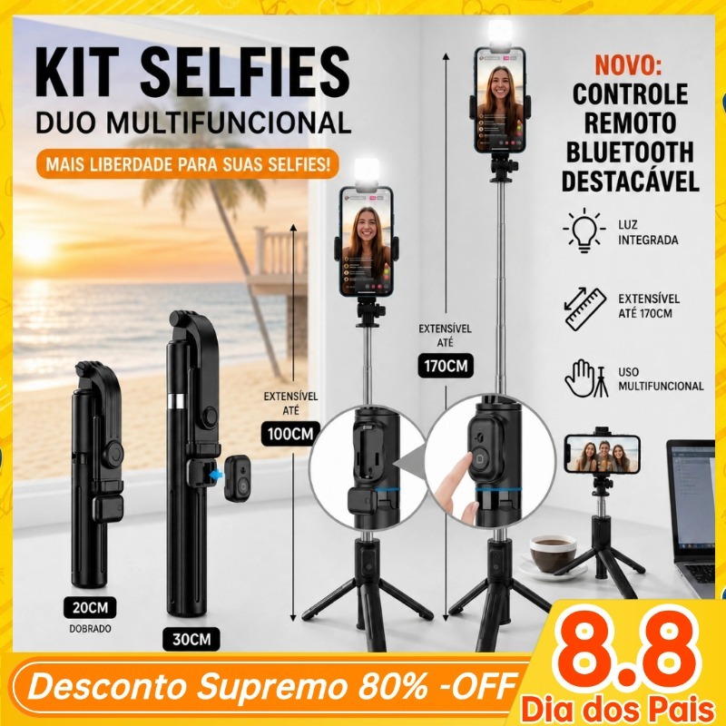 Pau de Selfie Tripé com Luz LED Recarregável Bluetooth Extensível e Portátil para Celular