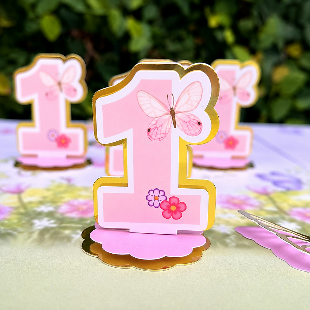 Aplique Número 3D Borboleta Jardim Encantado Rosa com Dourado em pé 5cm TODOS OS TEMAS- ENVIO RÁPIDO