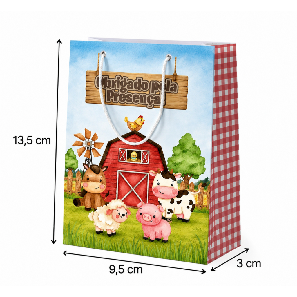 Sacolinha Vertical Lembrancinha Festa Fazendinha - Sacola Papel Aniversário Infantil - 10 unidades