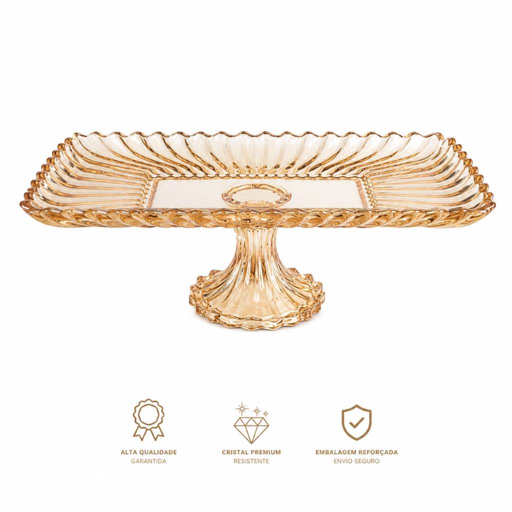 Travessa Retangular em Vidro Dourado Metalizado com Pé 35cm - Petisqueira Decorativa Mesa Posta