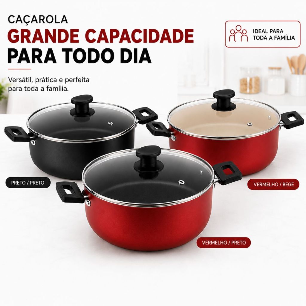 Panela Caçarola 22cm de 3,5 Litros Grande Para Cozinha Antiaderente Reforçada Tampa Vidro Temperado
