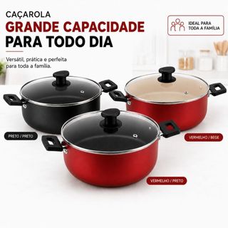 Panela Caçarola 22cm de 3,5 Litros Grande Para Cozinha Antiaderente Reforçada Tampa Vidro Temperado
