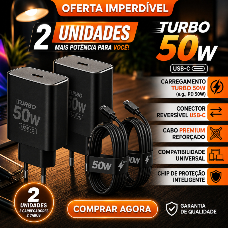 KIT 2 CARREGADORES Universal Fonte e Cabo Turbo Power 50W USB - C Tipo C Para Celular Android Envio Imediato