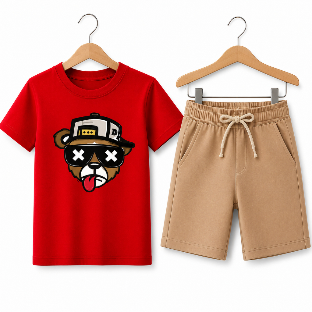 Conjunto Infantil Masculino Camiseta Urso e short bege com cordão ajustável perfeito para dia a dia