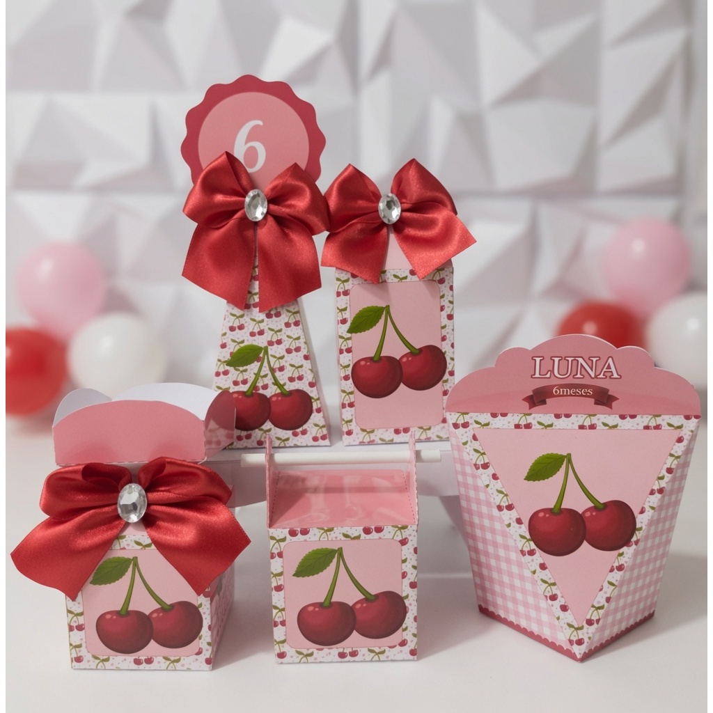 KIT CAIXAS TEMA CEREJINHA / PERSONALIZADOS / FESTA/ LEMBRACINHA / ANIVERSARIO