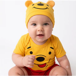 Body Bebe Temático Mêsversario Do Ursinho Pooh Com a Touca - Manga Curta 100% Algodão