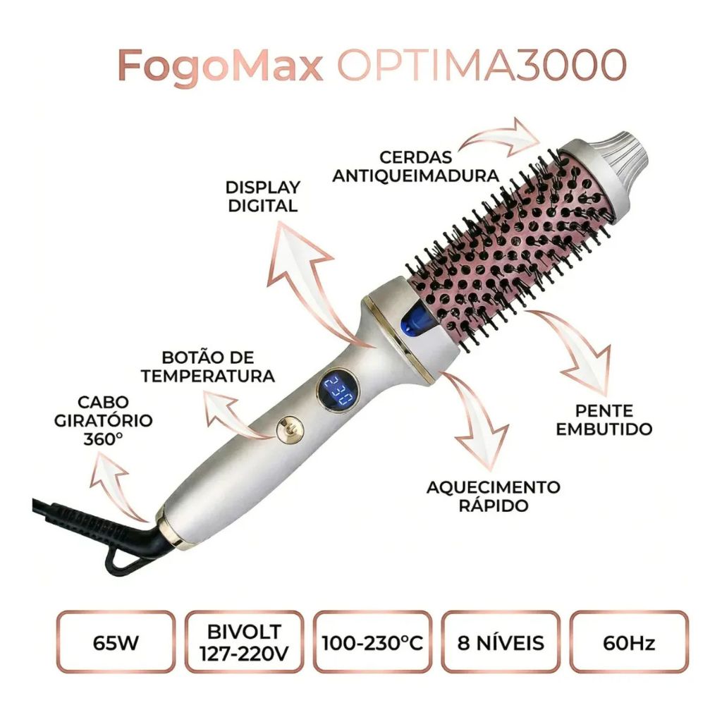 Modelador de cabelo com Escova Secadora Alisadora Eletrica 3 Em 1 Bivolt Alisa Modela Com Led Anti Friz