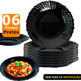 Jogo 6 Pratos Fundos 24cm Vidro Opaline Preto Trabalhado Black para Almoço Jantar Hotel Restaurante
