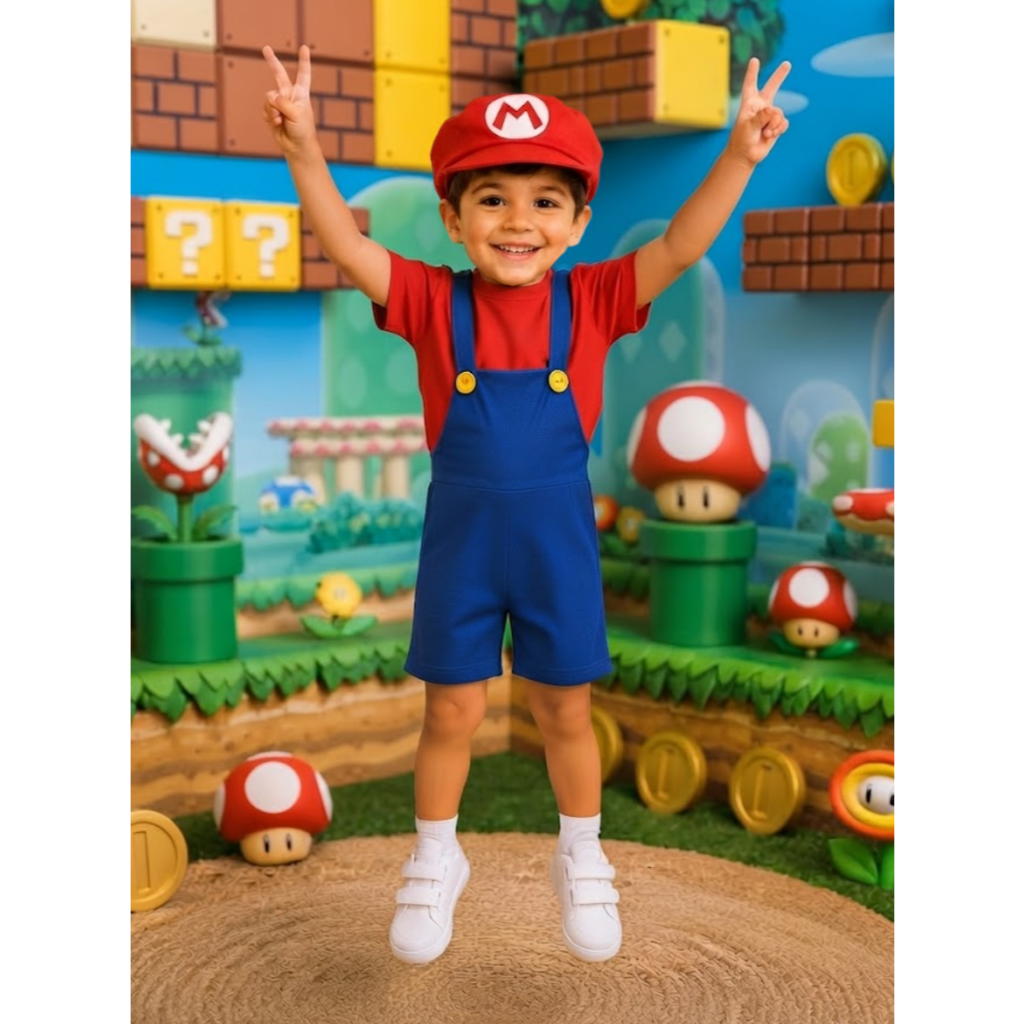 Fantasia Infantil Mario Bros Acompanha Jardineira Camiseta e Boina Roupa Leve e Confortável Meninos Conjunto Diversão