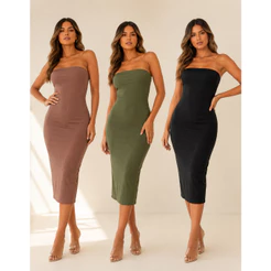 Vestido Feminino Midi Tomara que Caia Tubinho Modelador Canelado Premium Bojo Modelável